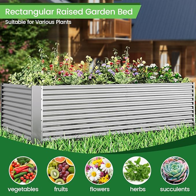2pcs Tall 8x3x1.5ft Galvanized Raised Garden Bed Outdoor,Steel Garden Bed for Vegetables,Above Ground Garden Box for Flower,Metal Raised Beds for Gardening