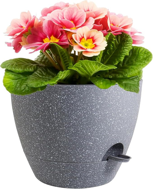 Meowell 12 inch Large Self Watering Pots, Plant Pots with Mesh Drainage Holes for Indoor Outdoor Plants, Plastic Planters with Deep Reservoir for Garden House Flower Plants, Speckled Grey