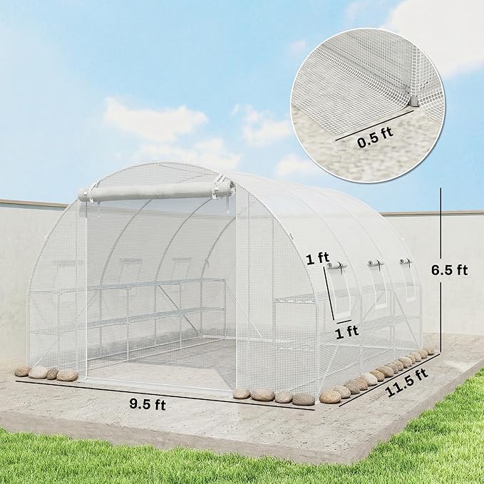 Outsunny 10'x11'x6' Walk-in Tunnel Greenhouse with Shelves, Mesh Door and Windows, Hoop House Greenhouse with PE Cover, Outdoor Green House for Patio Lawn Garden, White