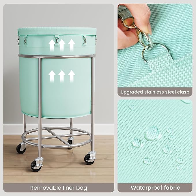 ELYKEN Laundry Basket with Wheels, Round Rolling Laundry Hamper, Mint Green