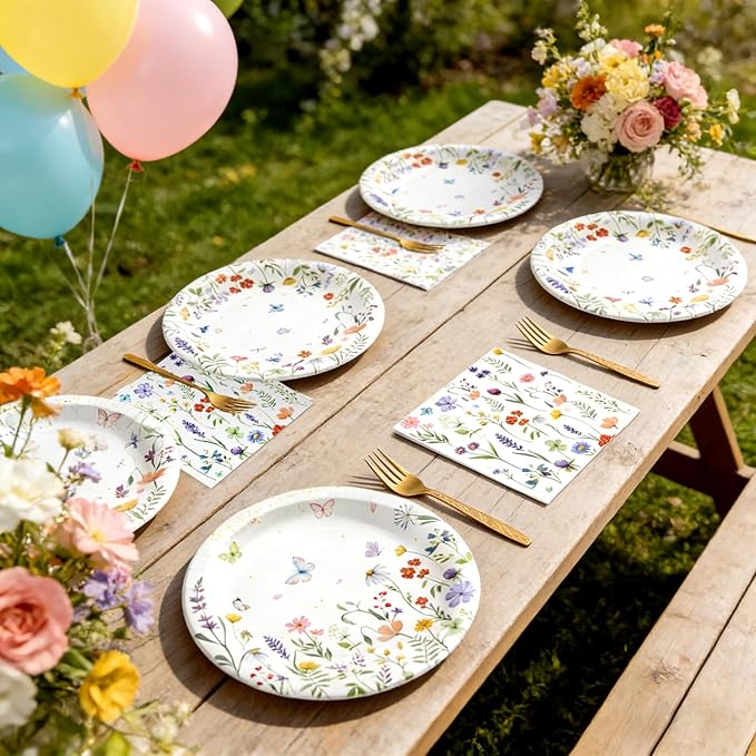 75Pcs Wildflower Plates and Napkins Party Supplies, Floral Paper Plates Wildflower Baby Shower Decorations Flower Party Plates Set for Spring Birthday Bridal Shower Tea Garden Party Decor, Serves 25