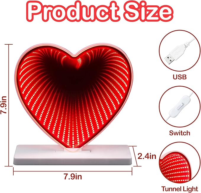 Heart Sign Infinity Light, 3D LED Infinity Mirror Night Light, USB-Powered, Romantic Decor for Bedroom, Living Room, Womens’s Day Gift, Birthday Day Gift, Mother's Day, 7.9×7.9 Inches