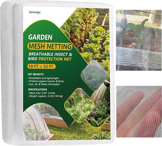 Ultra Fine Mesh Garden Netting, Durable Insect Netting for Plant Protection, 10 x 33ft Raised Bed Cover, Row Cover Pest Barrier for Vegetables, Fruit Trees, Flowers