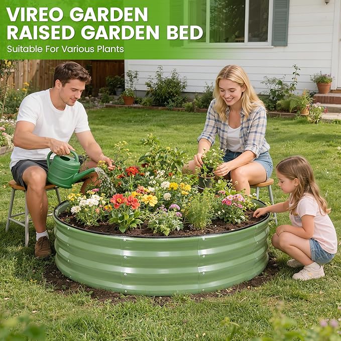 Galvanized Raised Garden Bed Outdoor 2Pcs | 4x4x1ft Metal Raised Beds for Gardening with Safety Rubber Strip | Round Planter Box for Plants Like Vegetables Fruits Flowers, Olive Green
