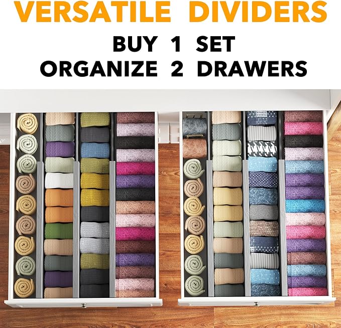 SpaceAid Bamboo Dresser Drawer Dividers 6 Pack, 4.65“ High Adjustable 17“-22” Drawer Organizers, Expandable Organization for Clothing, Clothes, Dressers, Gray