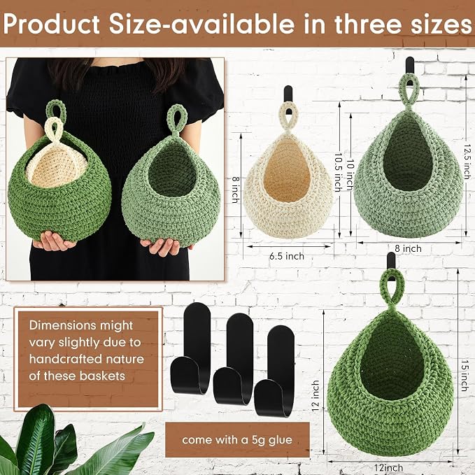 Honeydak 3 Hanging Baskets, Sage Green, Green, White, Teardrop, Cotton Rope | Wicker Wall Baskets with Hooks for Fruit Vegetable Onion Storage, Teardrop Organizer for Kitchen, Boho Farmhouse Decor