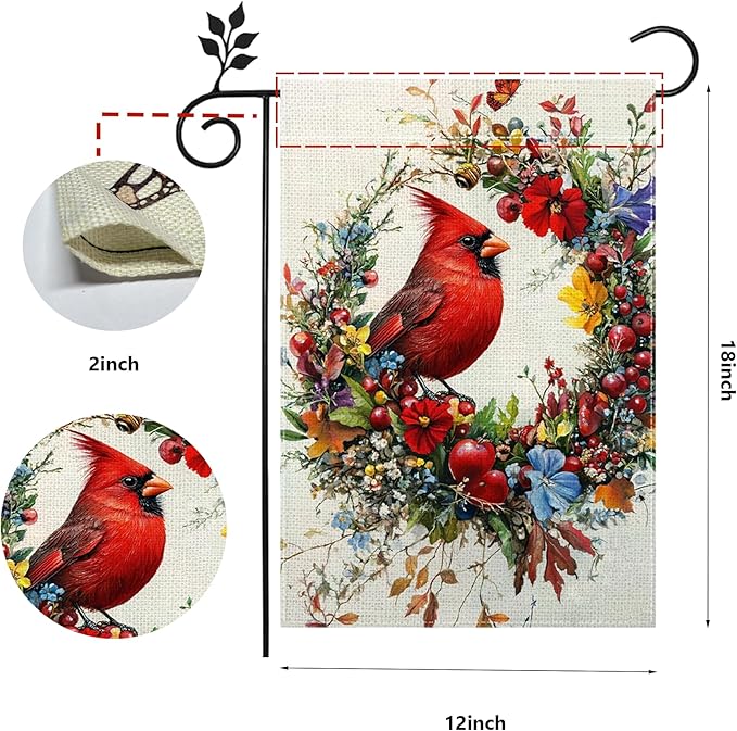 Spring Summer Cardinal Bird Garden Flag 12x18 Inch Double Sided, Floral Welcome Yard Decor, Farmhouse Outdoor Flag