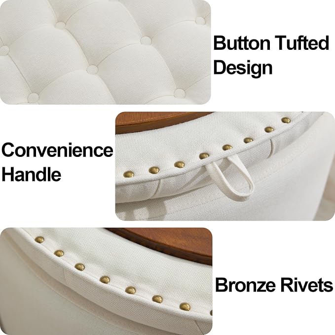 30'' Round Ottoman Coffee Table with Storage, Upholstered Tufted Ottoman with Flip Tray, Solid Wood Legs for Living Room, Bedroom, Beige