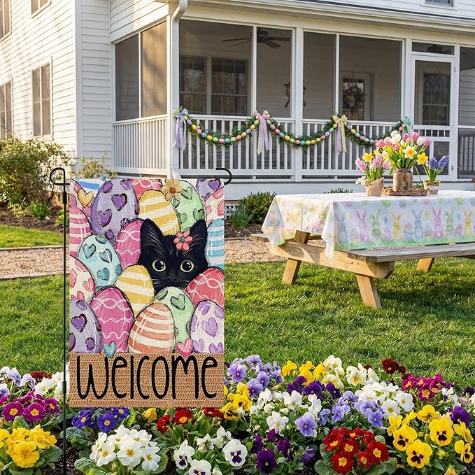 CROWNED BEAUTY Easter Garden Flag Eggs Cat 12x18 Inch Double Sided Holiday Decoration for Outdoor Lawn Yard