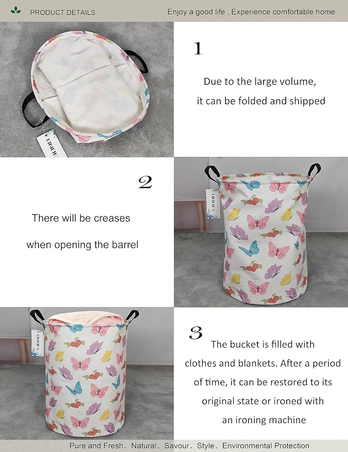 Round Butterfly Laundry Hamper Waterproof Fabric Home Storage
