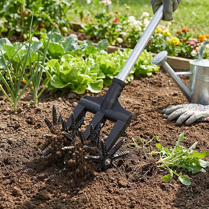Lightweight Rotary Cultivator Garden Rotary Tiller with Stainless Steel Poles, Anti-Slip Grip, Hand Tiller for Soil Mixing or Reseeding Grass Lawn Tiller Total Length 69 Inch