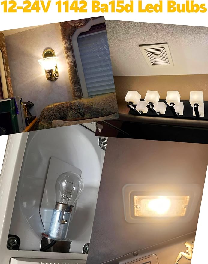 1142 Ba15d Led Bulbs Double Contact DC Bayonet Base 12v-24v, 2700k Warm White 5W 1004 1076 1176 90 1130 S8 68 LED Light Bulbs for Car Trailer RV Camper Boat Interior Marine Navigation Lights, 4Pack