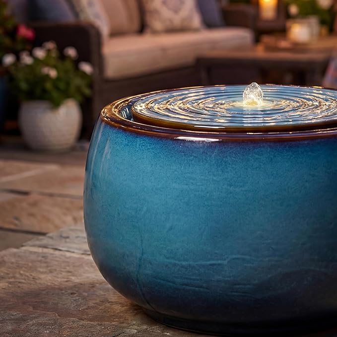 9-Inch Outdoor Water Fountain, Indoor Round Bubbler Water Feature with LED Light, Eastern Ceramic Waterfall Fountain, Classic Decor for Garden, Patio, Yard, Porch, Deck, Balcony in Blue
