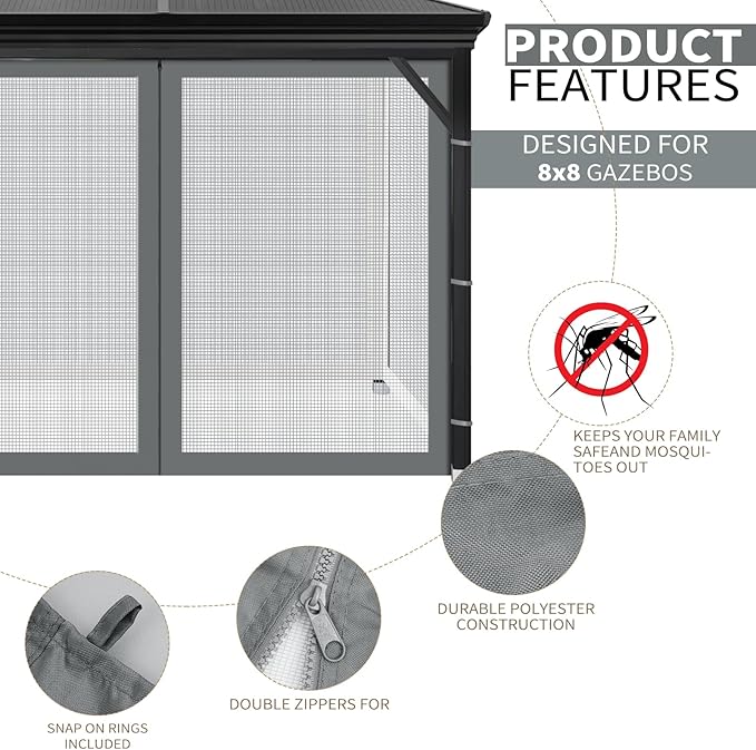 Gazebo Universal Replacement Mosquito Netting, 8' x 8' Outdoor Mesh Netting Screen 4-Panel Sidewall with Zipper for Patio Canopy Garden Porch Pergolas and Backyard, Gray(Mosquito Net Only)