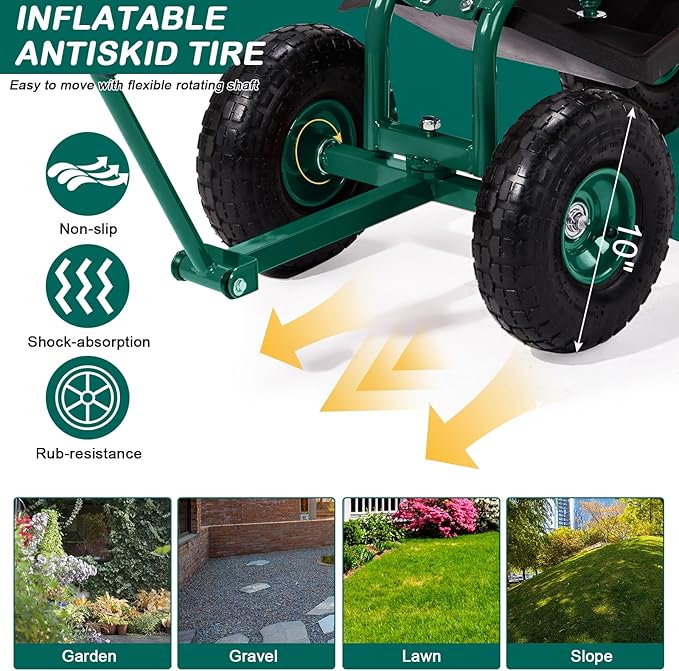 VINGLI Garden Cart, Garden Seat with 360°Swivel Chair, Storage Tool Tray & Steering Handle, Garden Stool with Wheels for Gardening, Patio, Yard, and Outdoor Work (Green)