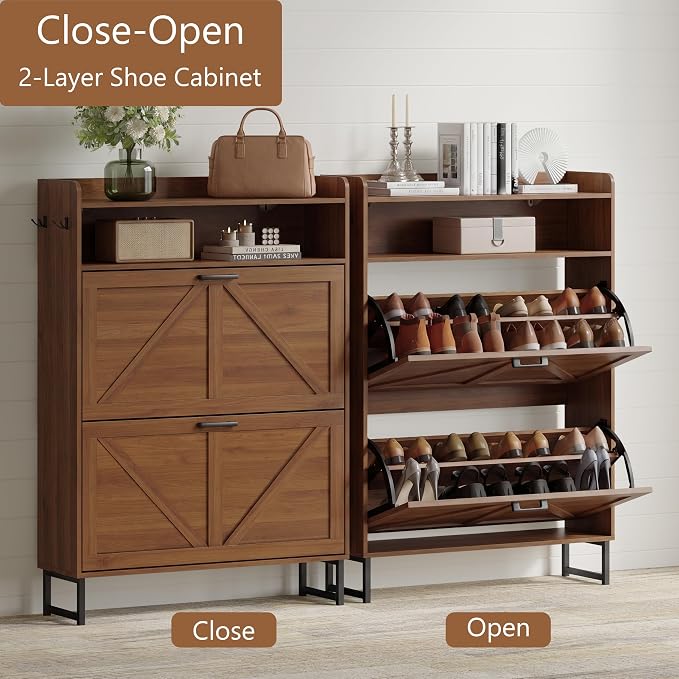 Xixini Shoe Storage Cabinet with 2 Flip Drawers, Entryway Shoe Rack, Walnut