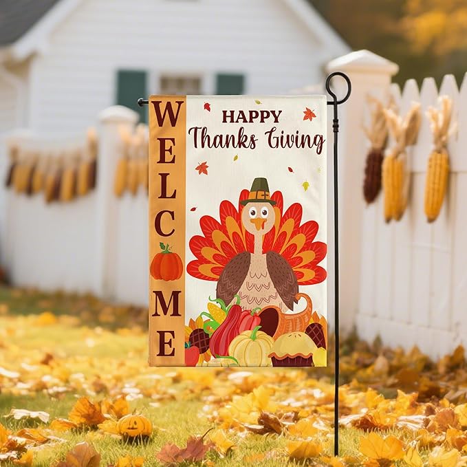 OHOME Thanksgiving Decorations - Welcome Garden Flag | Thanksgiving Decor Outdoor Outside - Friendsgiving Party Decorations Essentials Double-Side Backdrop Banner for Garden Porch Patio Lawn,12x18 Inch