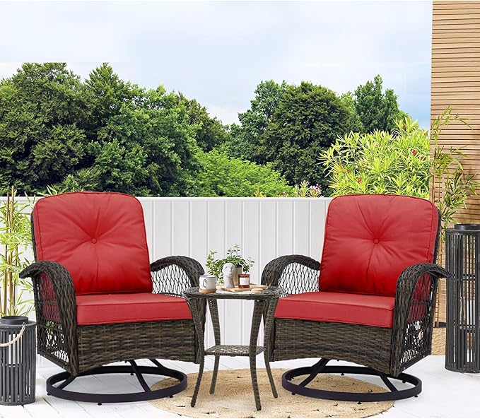 MELLCOM 3 Pieces Outdoor Swivel Rocker Patio Chairs, 360 Degree Rotation and Gliding Patio Furniture Set with Thickened Cushions and Glass Coffee Table for Backyard, Garden, Wine Red