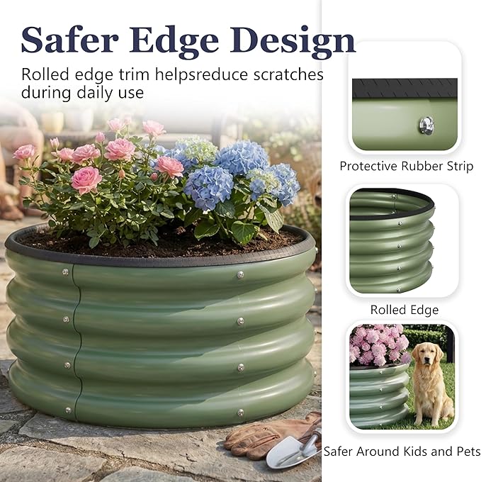 2 x 2 x 1 ft Round Raised Garden Bed, Green 3 Pack 0.6 mm Thick Galvanized Steel Planter Box with Double Layer Paint and Safety Edge Trim for Vegetables Flowers Herbs Outdoor Garden