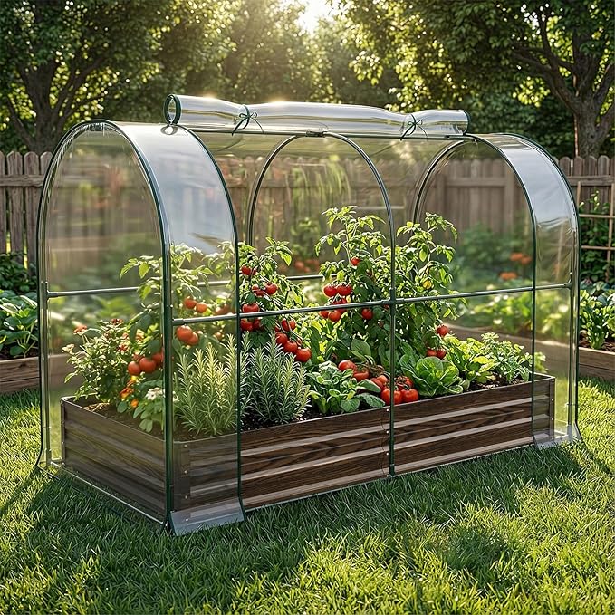 SUNYRISY Galvanized Raised Garden Bed with Greenhouse, Outdoor Metal Planter Box Kit with Bed Cover, Garden Box Protection for Gardening Vegetables Flowers Herbs Planting, Wood Grain