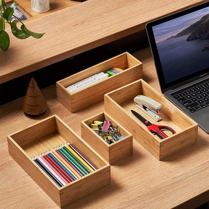 Umilife Bamboo Kitchen Drawer Organizer, Extra High Silverware Tray, Flatware Cutlery Storage Box, Multi-Use Holder in Office, Bathroom, Pantry - 9"x3"x2.5" (Set of 2)