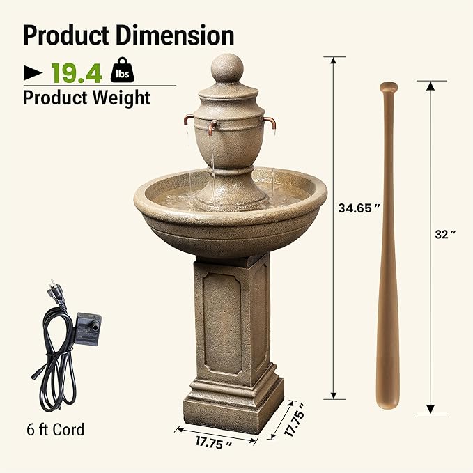 35-Inch Outdoor Water Fountain, 2-Tier Modern Italian Floor Standing Resin Waterfall Fountain with Warm Light, Home Art Decor for Garden, Patio, Yard, Porch, Deck, Lawn or Balcony in Brown