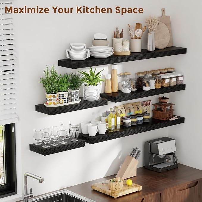 Heimlove 32 Inch Floating Shelves for Wall Black Shelves Set of 2,Wall Mounted Rustic Wood 8 Inch Deep Floating Shelf with Invisible Brackets for Bedroom Kitchen Living Room