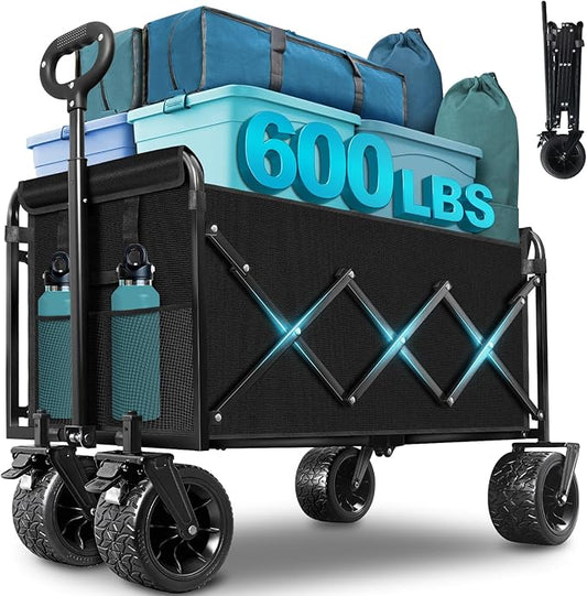 Beach Wagon with Big Wheels for Sand: 600LBS All Terrain Collapsible Beach Cart Foldable - Portable Heavy Duty Folding Utility Wagon Cart for Groceries Shopping Outdoor Camping Sports
