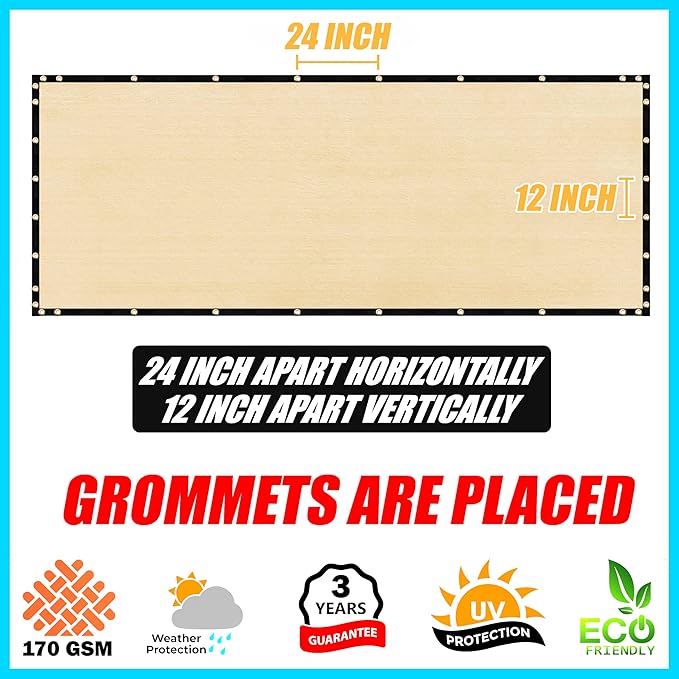 ShadeMart 4' x 96' Fence Privacy Screen Beige Heavy Duty 170 GSM Fencing Mesh Shade Net with Grommets & Zip Ties, 90% Blockage Fence Screen for Balcony Yard Outdoor Garden Pool (We Customize Size)