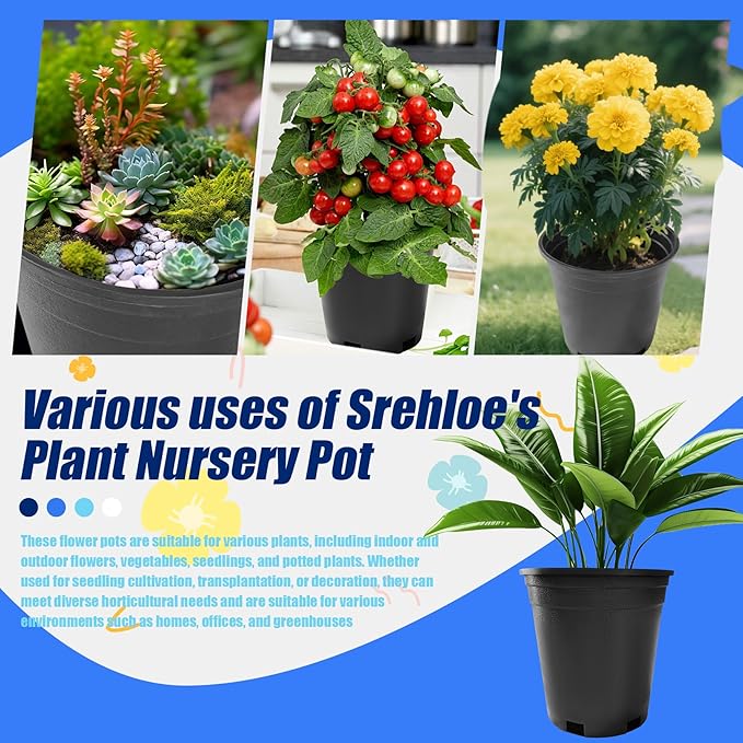 10Pcs 1 Gallon 6 inch Plant Nursery Pot Flower Seedling Injection Molded Container Plastic Garden Planter Pots with Drainage Holes Suitable for Vegetables Flowers Plants Black
