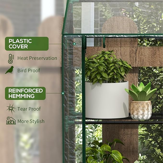 Outsunny Lean-to Mini Greenhouse with 3 Tier Shelves, Portable Green House with 2 Roll-up Doors, Garden Plant Grow Hot House for Indoor Outdoor, 56.3"x18.1"x59.4", Clear