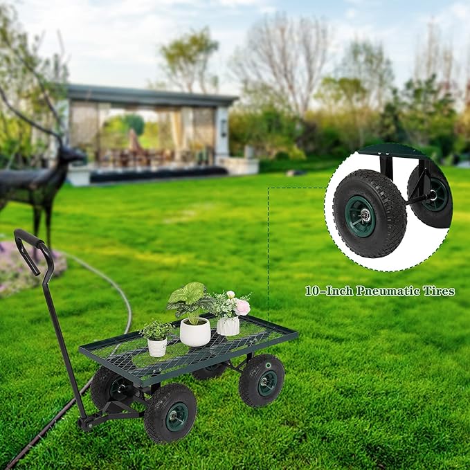 Outvita Metal Deck Garden Cart with 10” Air Tires, Heavy Duty Wagon Cart for Farm, Yard and Cargo (Green)