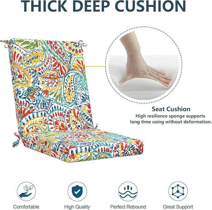 DYTXIII Outdoor High Back Chair Cushions Set of 2, 44x20 in Water Repellent Patio Seat Cushions with Elastic Sponge, All Weather Cushions for Rocking, Dining Chairs, Patio Furniture - Paisley Multi