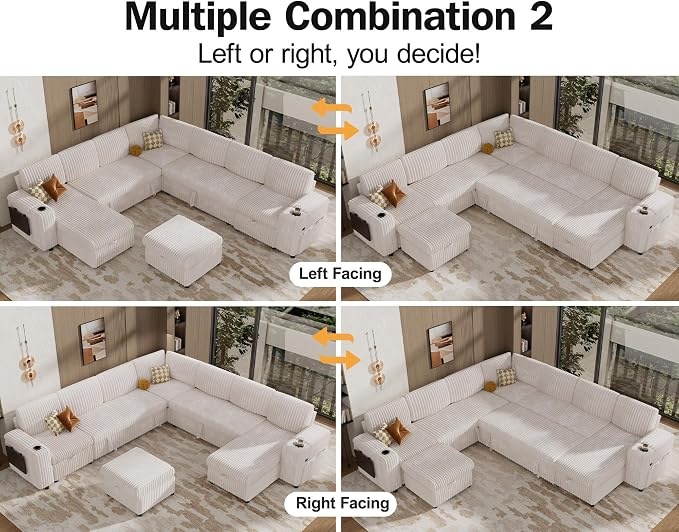 Vipbear 130" Modular Sectional Sleeper Sofa with Pull Out Bed, 9 Seat Corduroy L Shaped Couch with Ottoman and Chaise|USB Ports|Cup Holders|Side Table, Tool Free Assembly, Beige