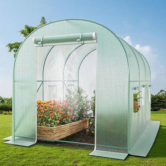 12x7x7 Walk-in Greenhouse with Watering System, Heavy Duty Green House for Outdoors, Portable Green Houses for Outside, Winter Hot House with Metal Frame & Roll-up Zipper Door Screen Windows