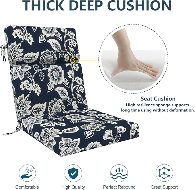 DYTXIII Outdoor High Back Chair Cushions Set of 2, 44"x22" Water Repellent Patio Seat Cushions with Elastic Sponge, All Weather Chair Pads for Rocking, Dining Chairs, Patio Furniture - Vines Navy
