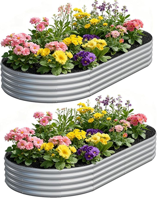 zizin 2 Pack Galvanized Raised Garden Bed Metal Oval Raised Garden Beds Outdoor Planter Box for Vegetables (8x4x1FT, Silver)