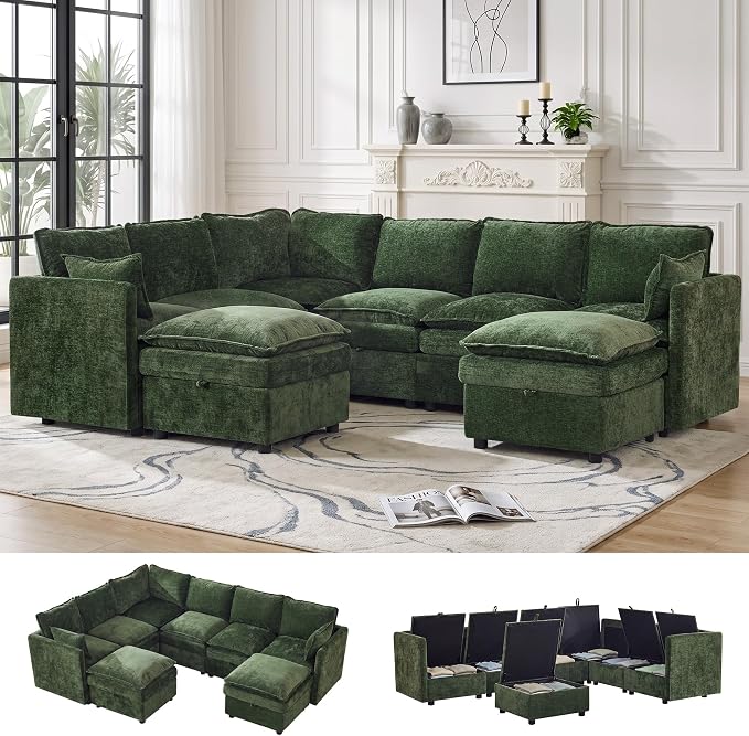 105" Storage V-Shaped Modular Sectional Sofa with 2 Ottomans, Green