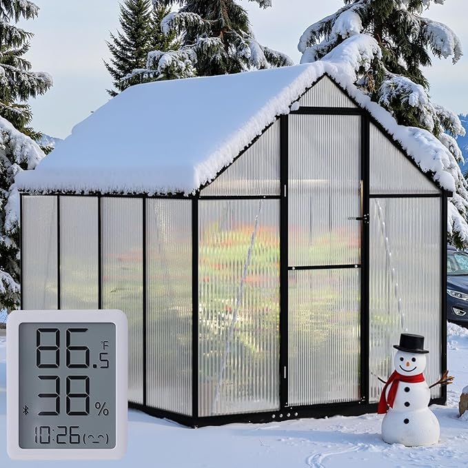 6×7.5FT Greenhouse for Outdoors, Walk-in Greenhouse and Winter Garden Planting, Polycarbonate Greenhouse with Electronic Thermometers, Withstands Strong Wind or Snow to Protect Vegetable or Plants