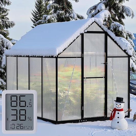 6×7.5FT Greenhouse for Outdoors, Walk-in Greenhouse and Winter Garden Planting, Polycarbonate Greenhouse with Electronic Thermometers, Withstands Strong Wind or Snow to Protect Vegetable or Plants