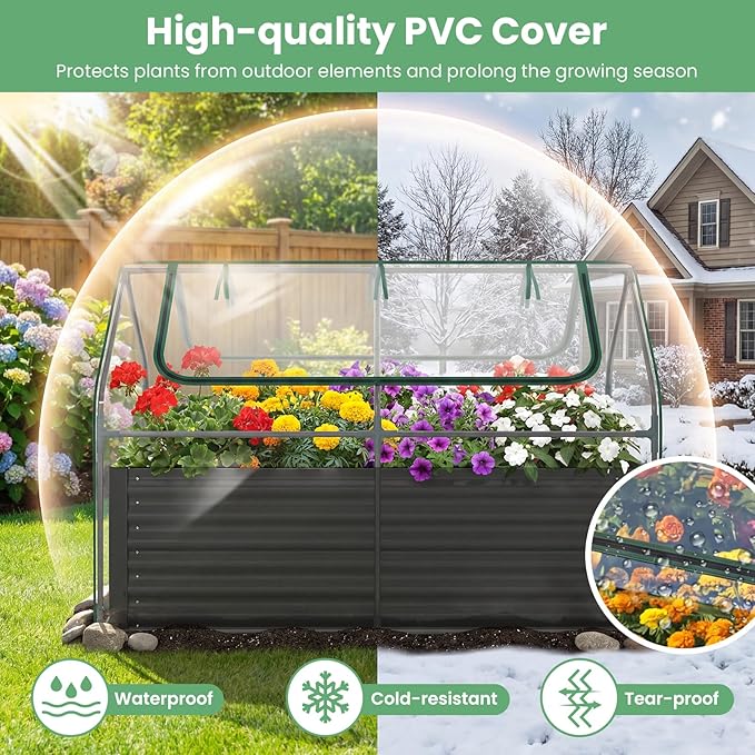 HAPPYGRILL Raised Garden Bed with Cover, Planter Boxes Outdoor w/Mini Greenhouse, 2 Roll-up Windows & Open-Ended Base, Metal Growing Raised Bed for Vegetables (Black, 71” x 36” x 48”)
