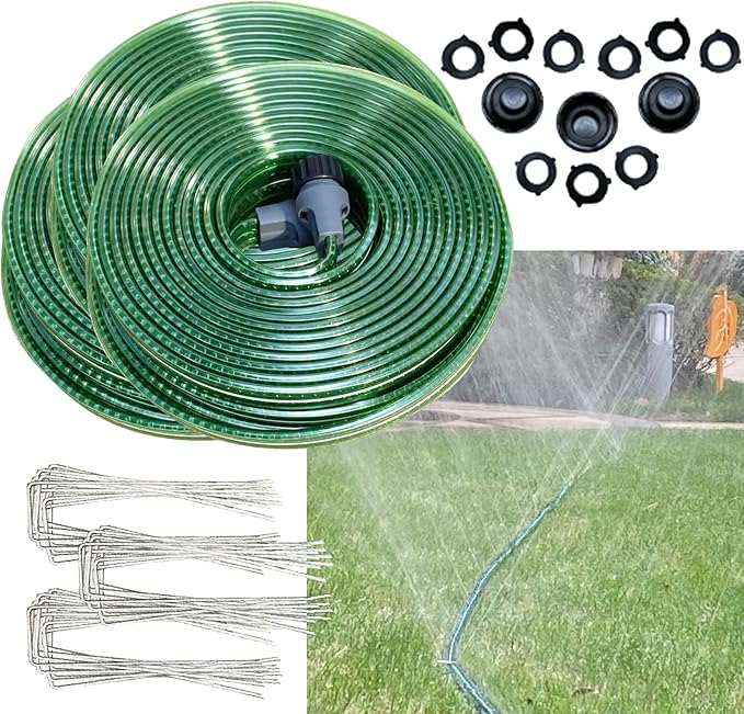 SECBULK 150 FT (50FT*3) Flat Sprinkler Hose for Lawn Watering Garden Soaker Hose with Holes, Heavy Duty Lightweight No-Kink Water Hose with Stakes, Irrigation Hose, Great Fun for Kids and Dog