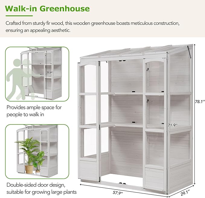 Walk-in Greenhouse for Outdoor 78 Inch Wooden Green House Cold Frame with 2 Doors 4 Openable Independent Skylights 2 Folding Middle Shelves Heavy Duty Plant Gardening Green House for Backyard, White