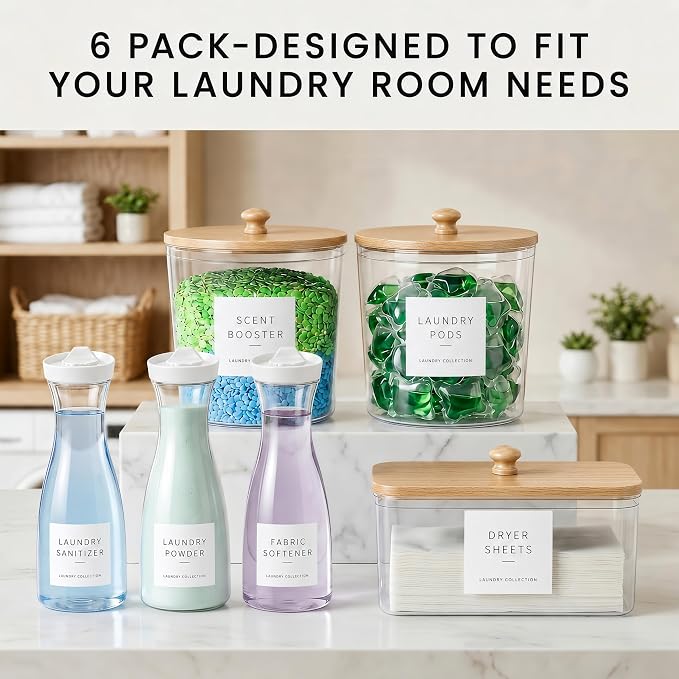 Laundry Room Organization Set, 3 Laundry Containers, 3 detergent dispenser | 3 liquid laundry detergent dispensers, 2 laundry pods containers, 1 dryer sheet holder, with wood lids, labels and scoops