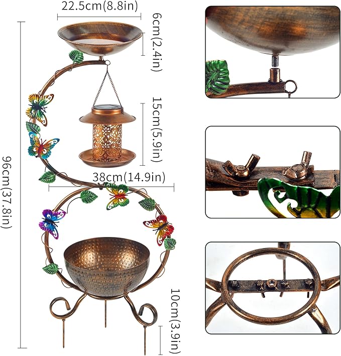 YYWMWM Metal Birdbath with Flower Planter Pedestal and Solar Bird Feeders Combo for Outdoor, Decorative Bird Bath with Butterfly for Garden Yard Outside