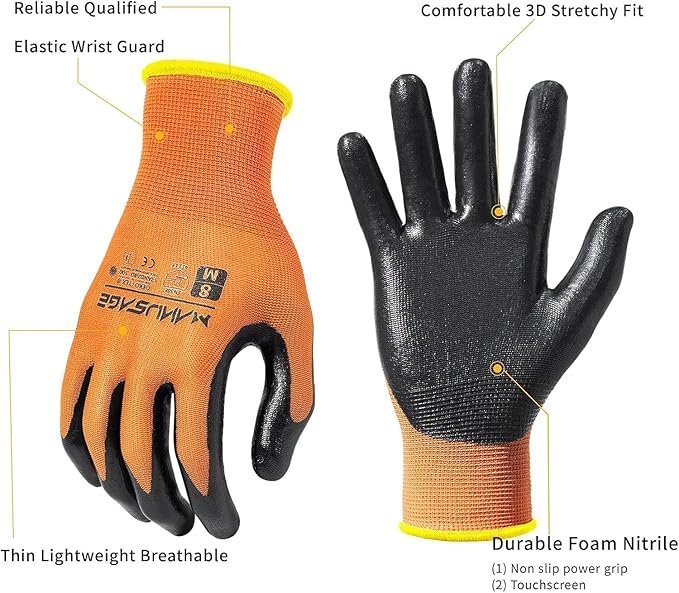 MANUSAGE Safety Work Gloves - Protective Glove for Men & Women - Ultrathin Hand Protection - For Construction, Gardening, Landscaping - Orange - Size M - 3 Pairs