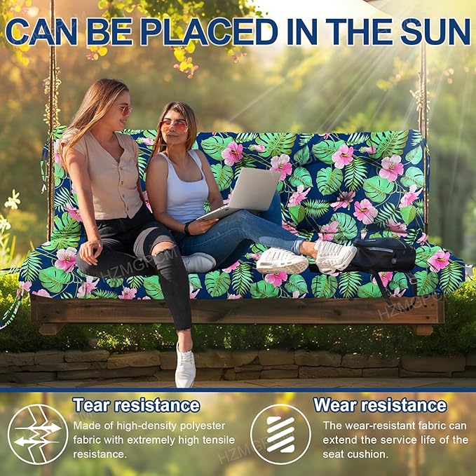 Premium 5" Thick Waterproof Outdoor Swing Cushions Sturdy Durable 3 Seat Replacement Porch Swing Cushions with Backrest&Ties Bench Cushion for Outdoor Furniture Backyard Patio（Flower02）