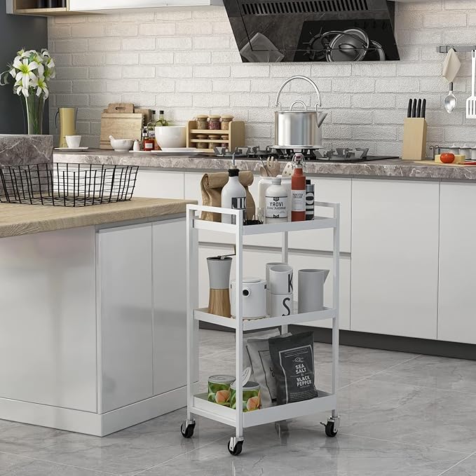 3-Tier Metal Utility Rolling Cart, Heavy Duty Multifunction Rectangular Cart with Lockable Casters, Kitchen Storage Carts Suitable for Office, Bathroom, Kitchen - White
