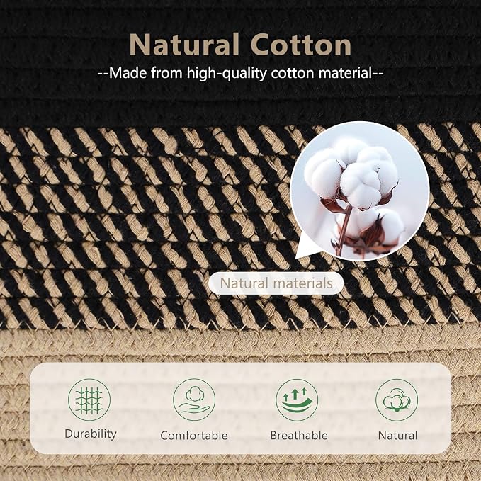 ECDYQXVU 15x10x9 Inch Woven Cotton Rope Storage Basket, 2 Pack | Foldable Design, Built-in Handles, Space-saving Organizer for Living Room, Bedroom, Laundry, Shelves, Clothes, Towels