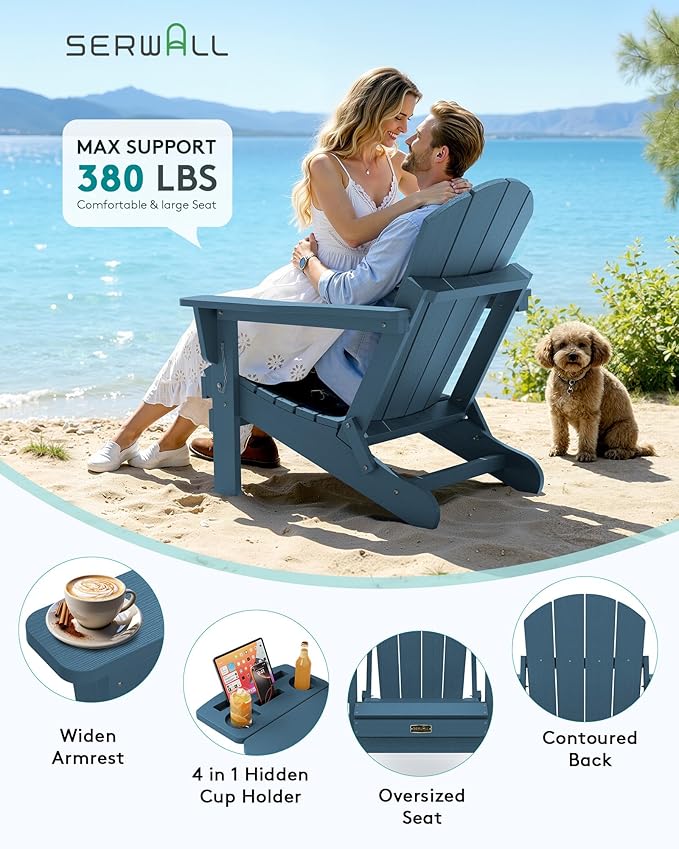 SERWALL Foldable Adirondack Chair Set of 4, HIPS Adirondack Chairs with 4 in 1 Cup Holder, Weather Resistant Fire Pit Chair for Patio, Garden, Outdoors, Poolside - Blue
